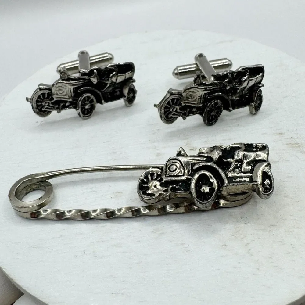 Vtg Ford Model T Antique Car Silver Tone Cufflinks And Tie Pin Bar Set  Fancy